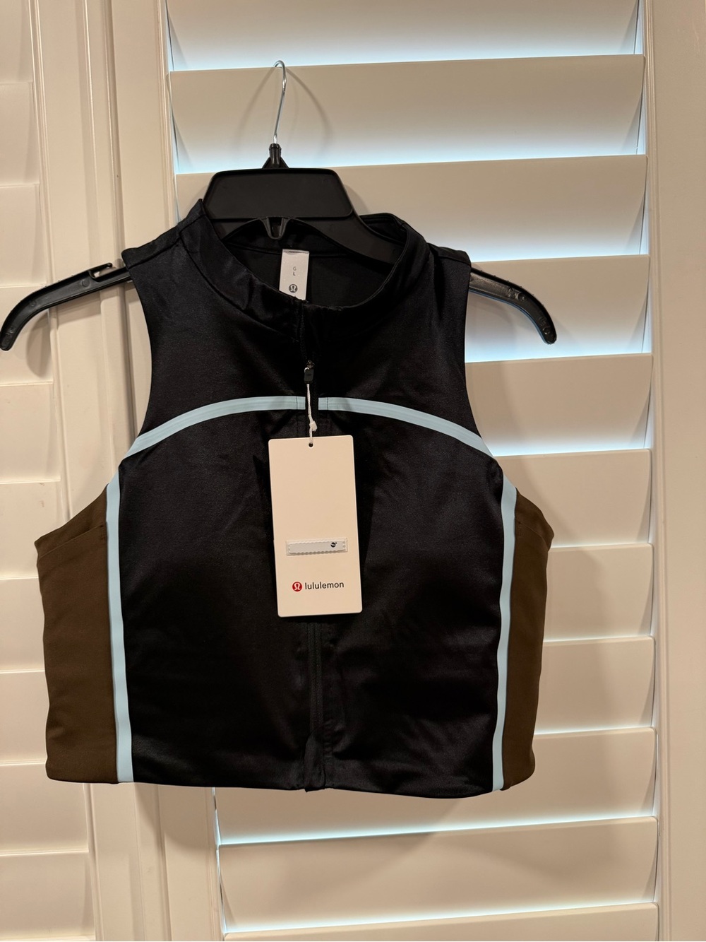 lululemon athletica Black Crop Zip Tank with Light Blue Trim and Olive Sides